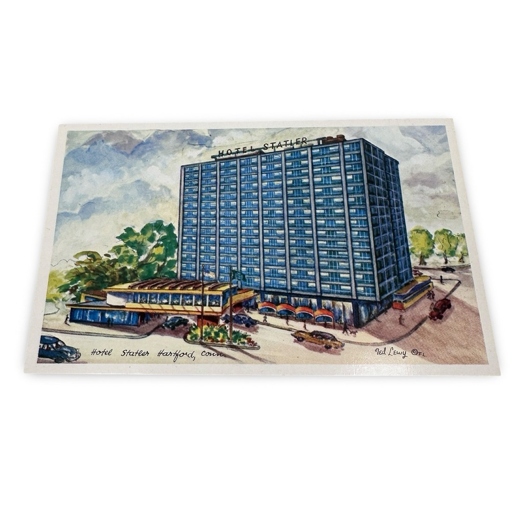 Vintage Hotel Statler Hartford CT Postcard Ted Lewy Art‎ New Unused Watercolor